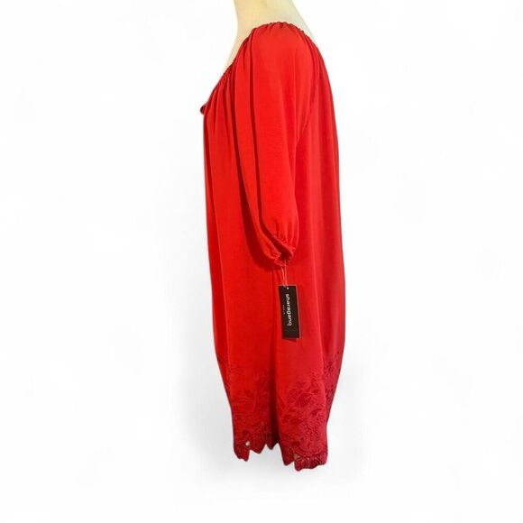 Sharagano Orange/Red boho off-the-shoulder sheath dress with embroidered hem 16 - Picture 4 of 7